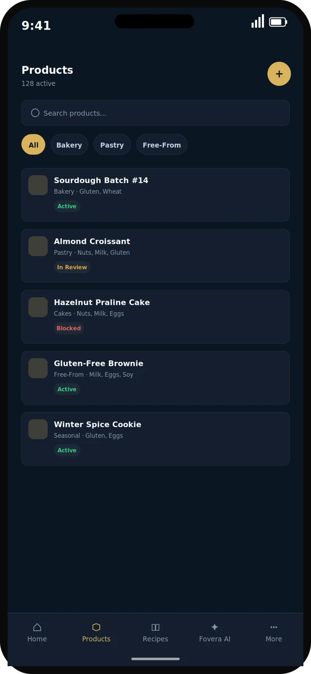 Fovera — Product & allergen list