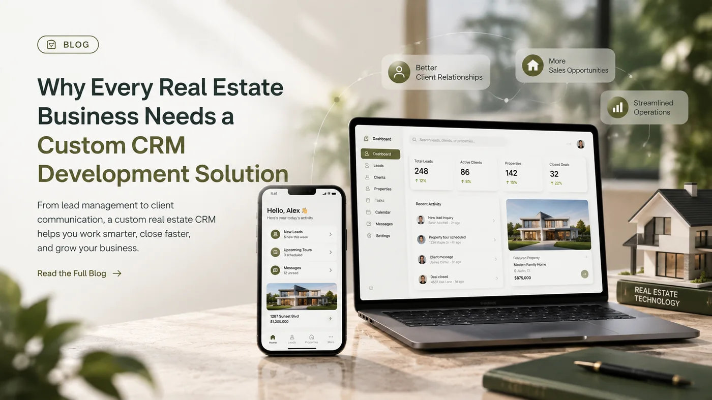 Illustration of a custom real estate CRM delivering better client relationships, more sales opportunities and streamlined operations across desktop and mobile